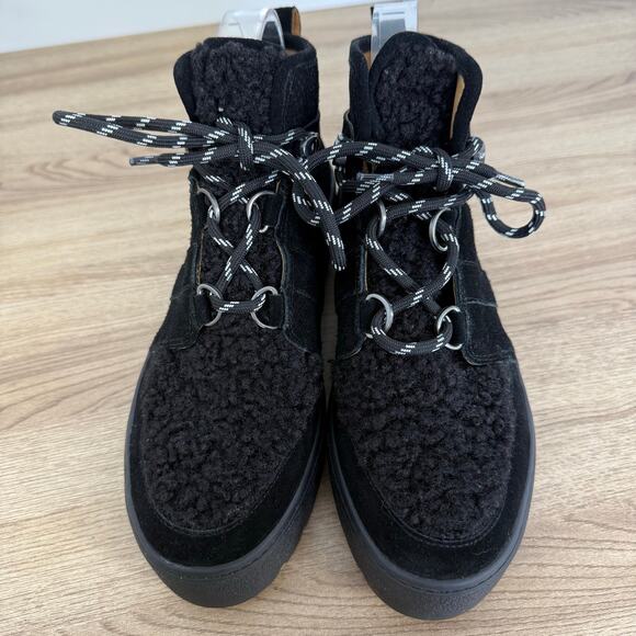 J Slides Womens Black Chunky Shearling Lace Up Boots Size 7.5 Leather Black Boot - Picture 5 of 14